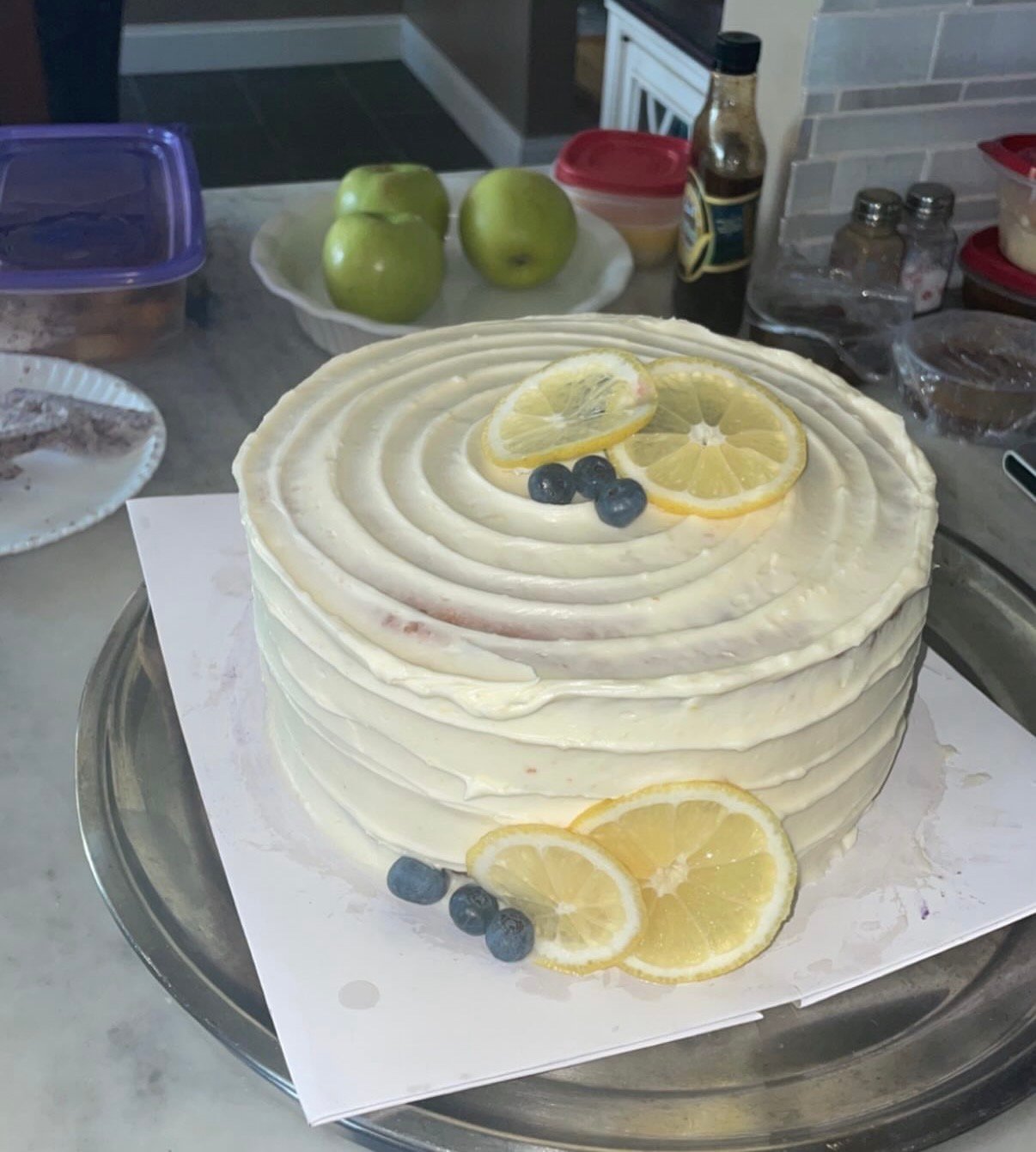 Lemon blueberry layer cake with fresh fruit